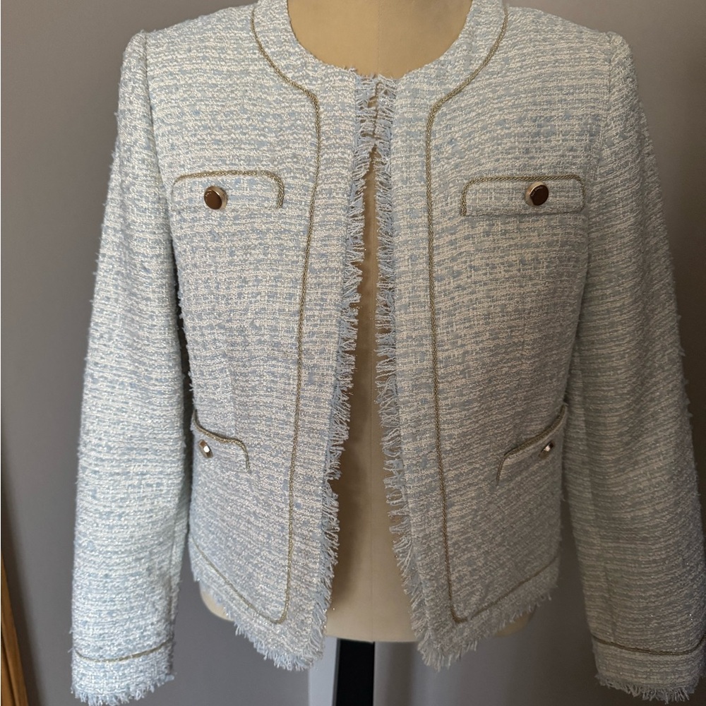 TED BAKER LONDON Jacket/Blazer, light blue, off white with gold buttons & trim.